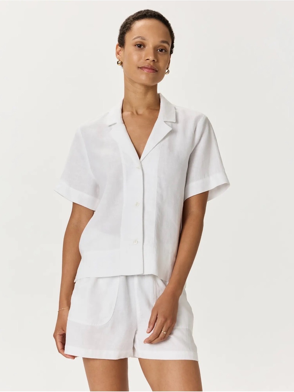 Quince White Short-Sleeve 100% Linen Button Front Top